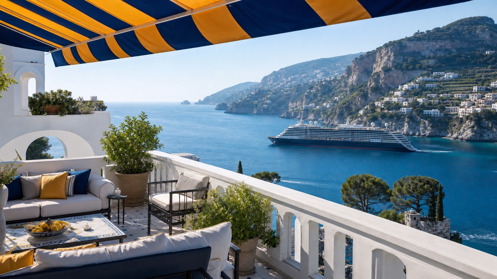 Luxury cruise liner passing a sunlit Mediterranean terrace